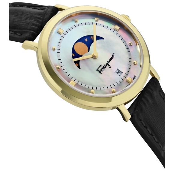 Ferragamo Logomania  Moon Phase Women's Watch Gold Tone Hardware Black Leather - Picture 2 of 13